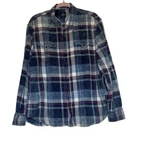 BS Brand Mens XL Acid Wash Blue Plaid Flannel Button Down Western Shirt Cotton